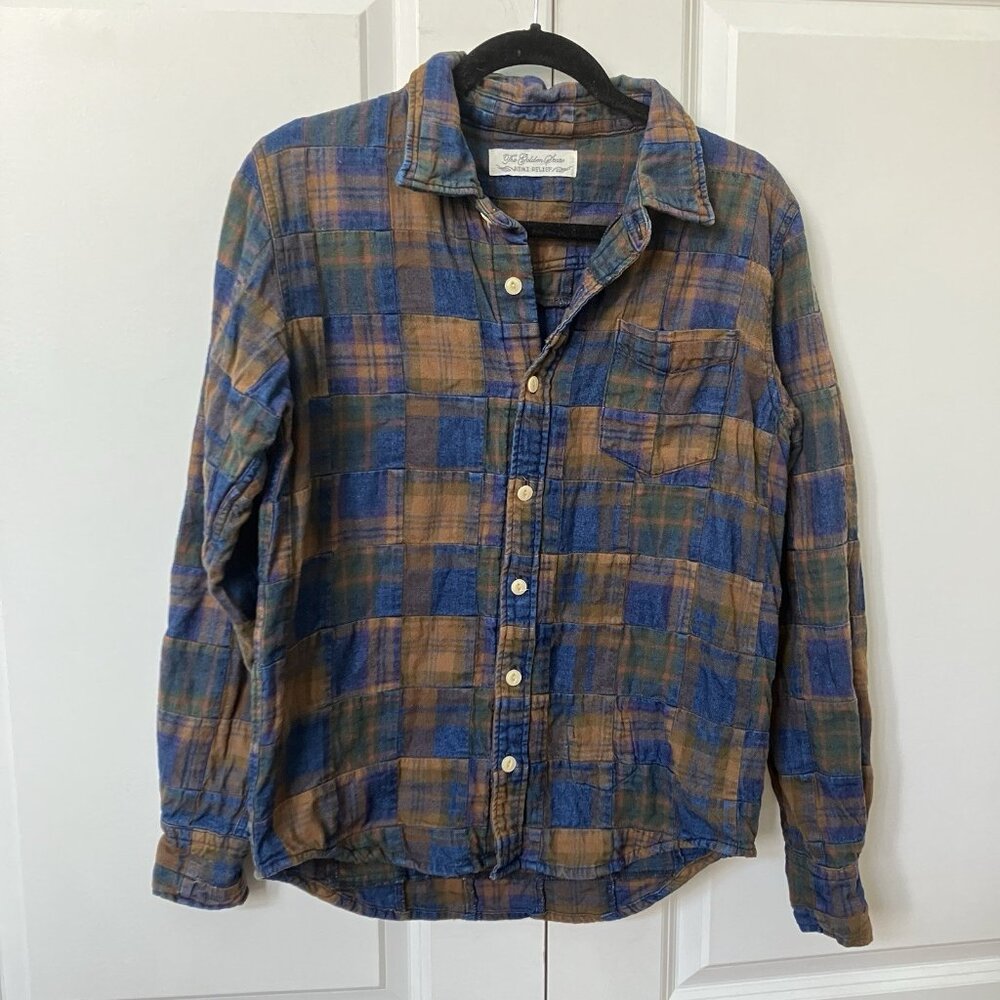 Men's Casual Button-Down Plaid Shirt in Blue and Brown